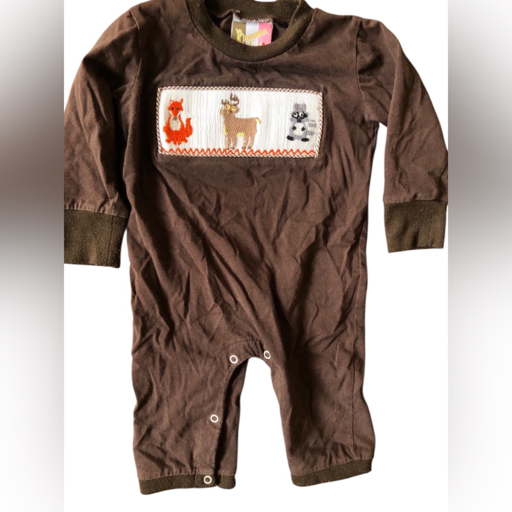 Banana Split Forest Friends Brown Embroidered Long Sleeve Playsuit Sz 12mo